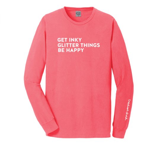 Get Inky Glitter Things Be Happy Long Sleeve Tee in Neon Coral