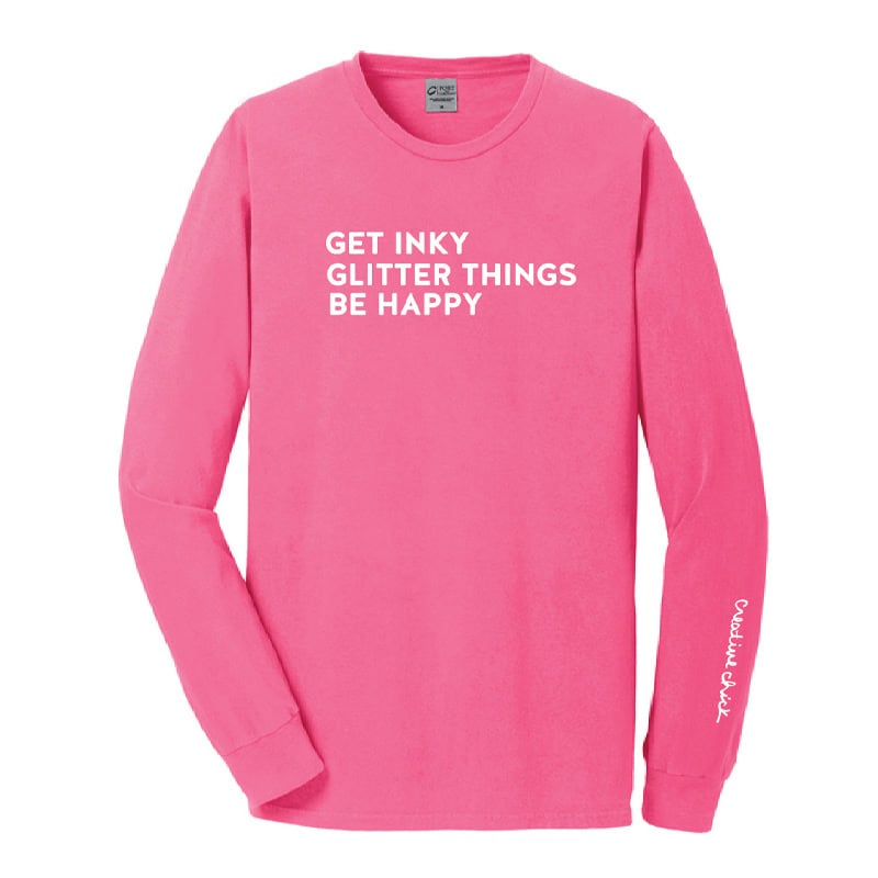 Get Inky Glitter Things Be Happy Long Sleeve Tee in Neon Pink